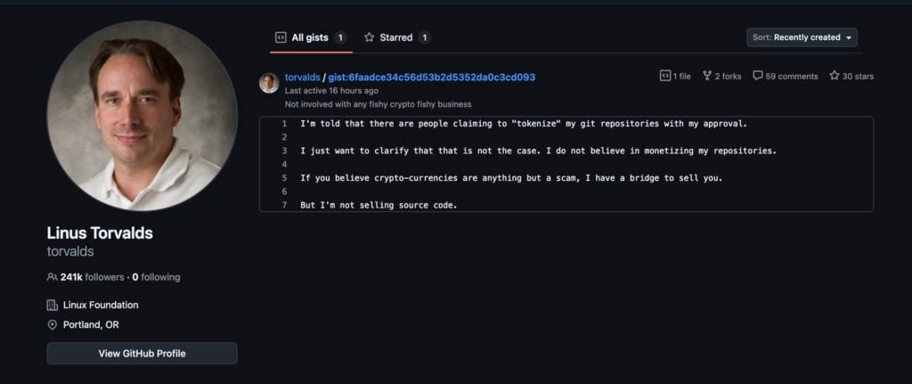 Linux founder Torvalds Refuting false rumors about tokenization: never authorized, open source should not become a hype tool in the currency circle